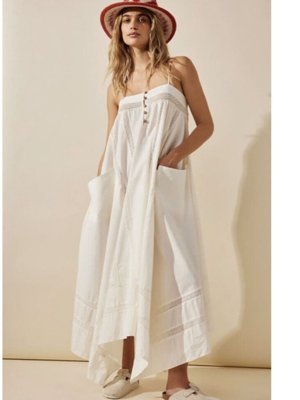 Free people Cream Button-Front Maxi Sundress with Spaghetti Straps
